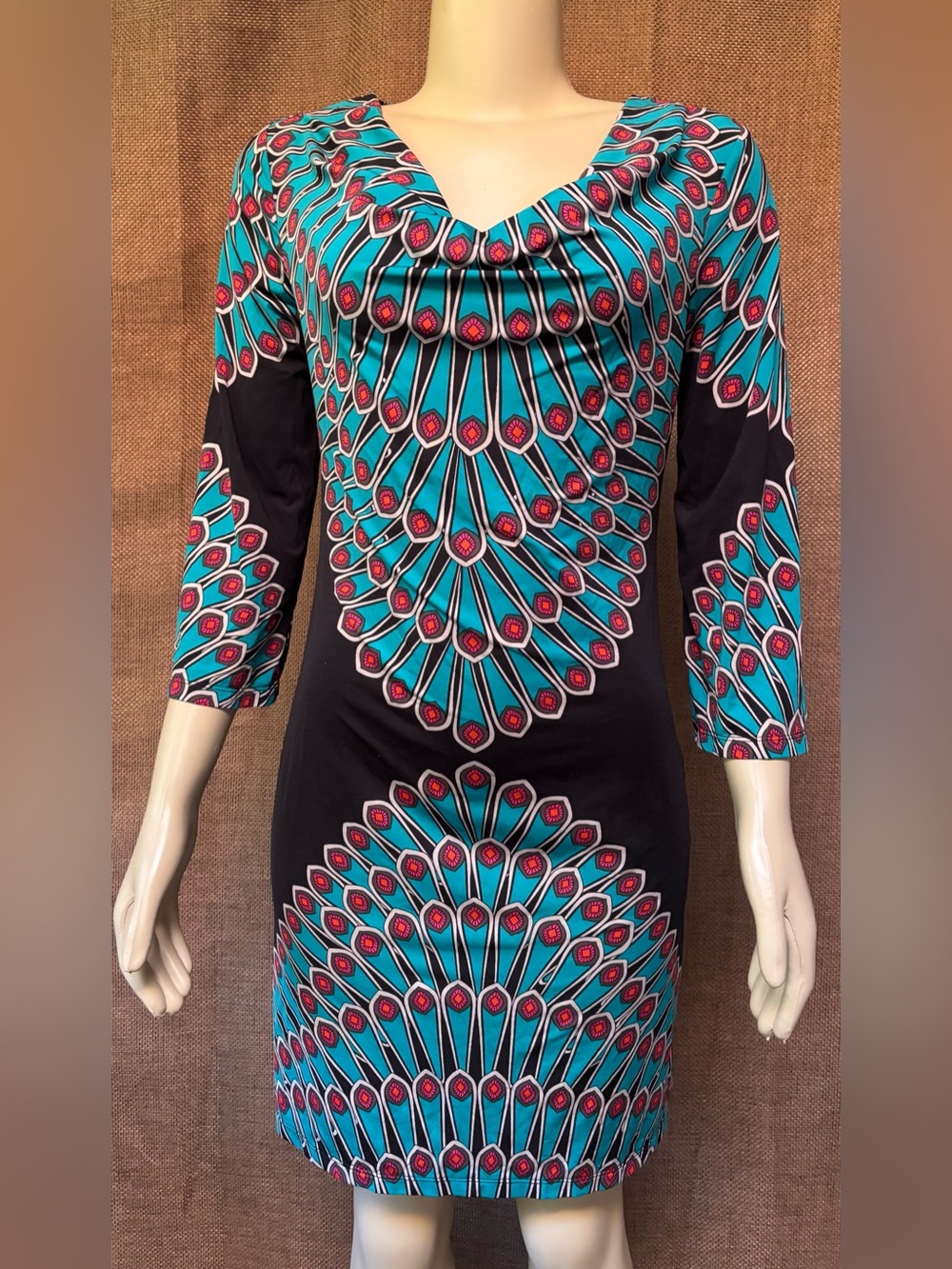 INC International Sz M Concepts Teal, Black & Red Cowl Neck Dress